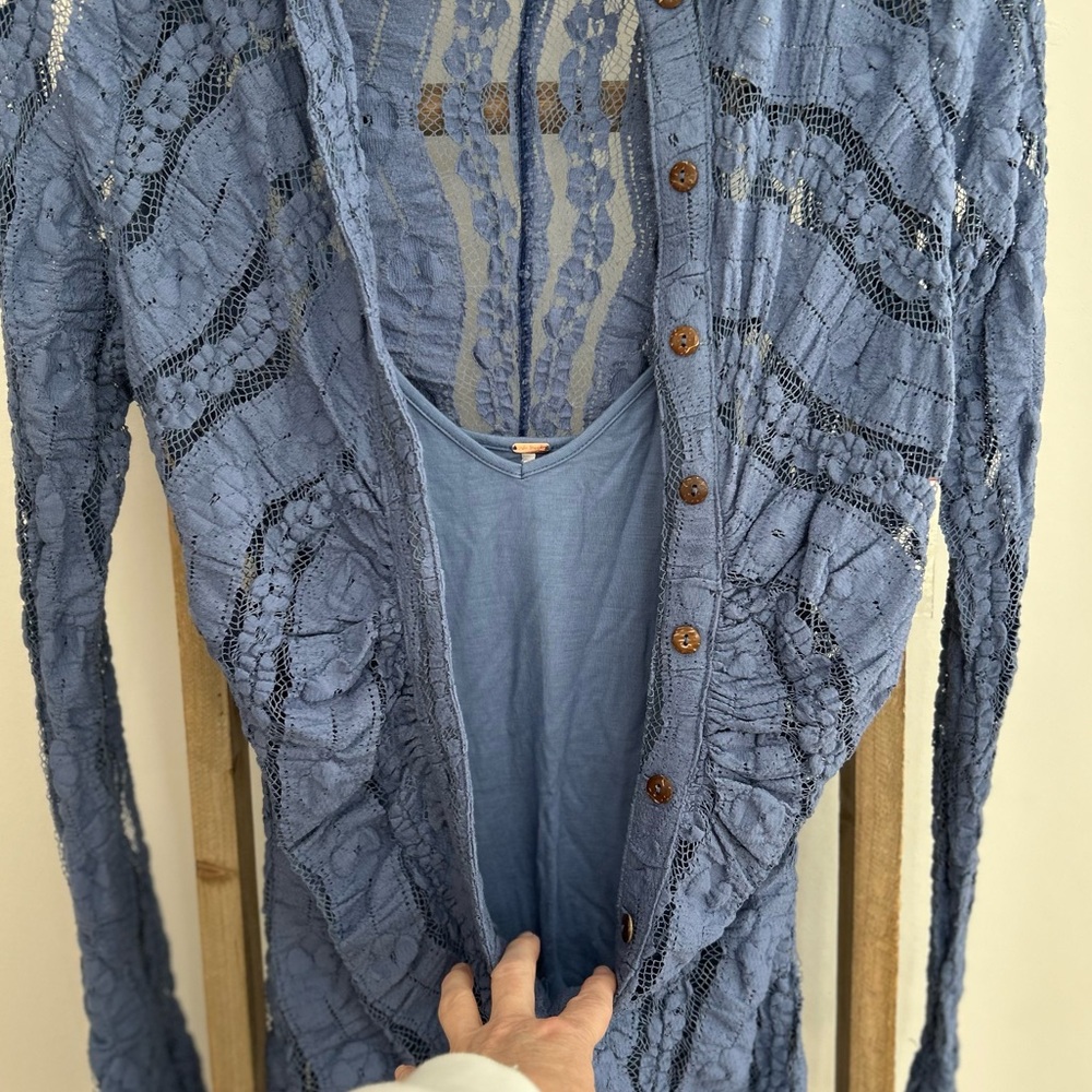 Free People Shayla Lace Slip Mini Dress Long Sleeve Denim Gray Size XS NWT Boho - Picture 6 of 10